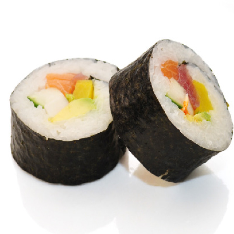 M27.Futo maki  (thon, saumon, avocat, concombre, surimi, radis marinés) (10 pièces)